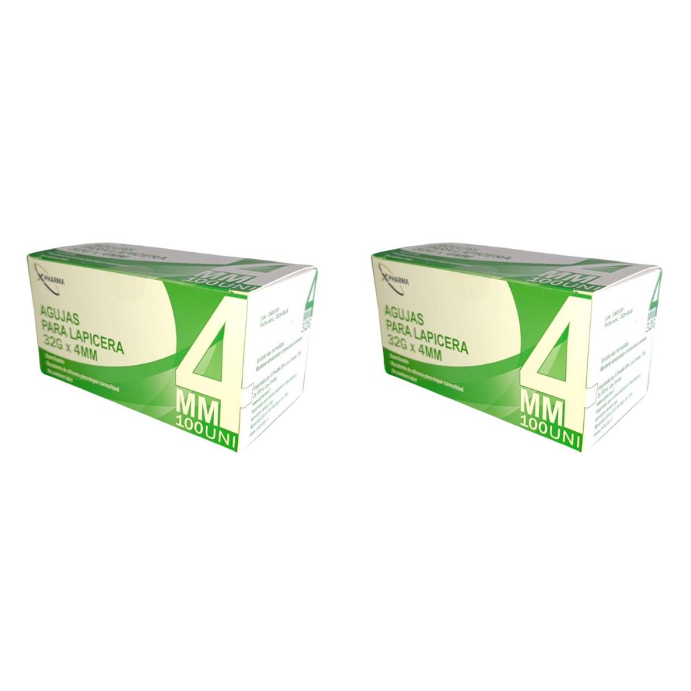 Agujas hipodérmicas para lapicera X Pharma 32 G x 4 mm x2 cajas 200 agujas