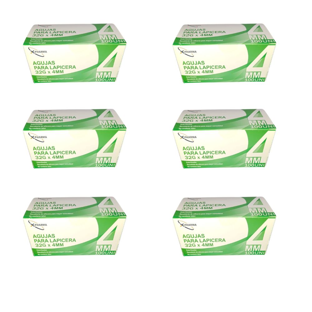 Agujas hipodérmicas para lapicera X Pharma 32 G x 4 mm x6 cajas 600 agujas